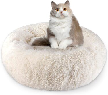 М'яке ліжко для кота Aspand, 60 см Ø - зручне та тепле місце для сну з антиковзною основою, Бежевий колір, 60x60x18 см