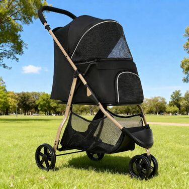 Візок для собак та котів YITAHOME 15 кг, 3 колеса, сітко-вікно, гальма, міцний, чорний