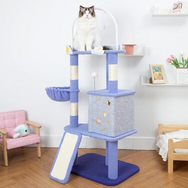 Котячий дряпак Happy & Polly 134,6 см, багаторівнева когтеточка для дому з плюшевим стовпом і підвісною іграшкою, лілова