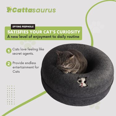 Котяча печера CATTASAURUS Peekaboo темно-сіра для великих і кількох котів до 13,6 кг, тунель-будиночок для домашніх котів, велике кругле ліжко-донат, пране