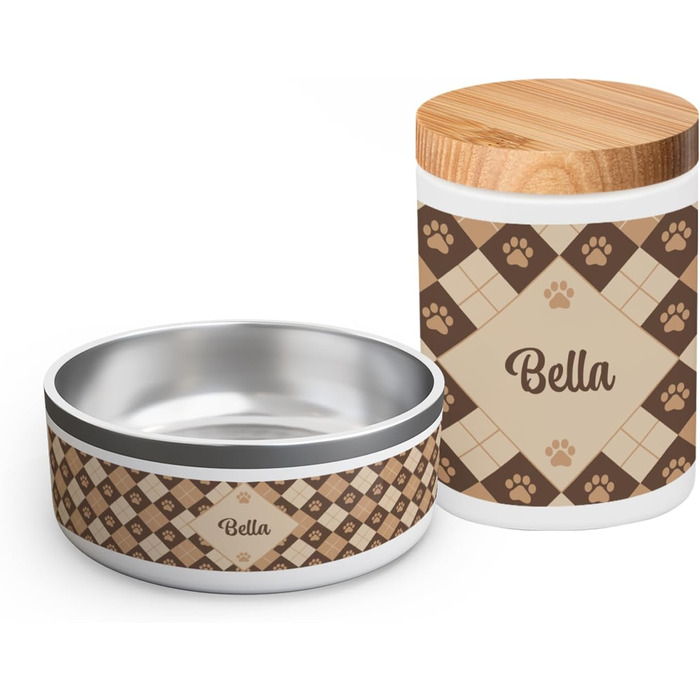 PICANOVA Скляна банка для ласощів з іменем - подарунок для собак - зберігання сухого корму - керамічна банка для власників собак та котів - дизайн (Set Checkered Paws)