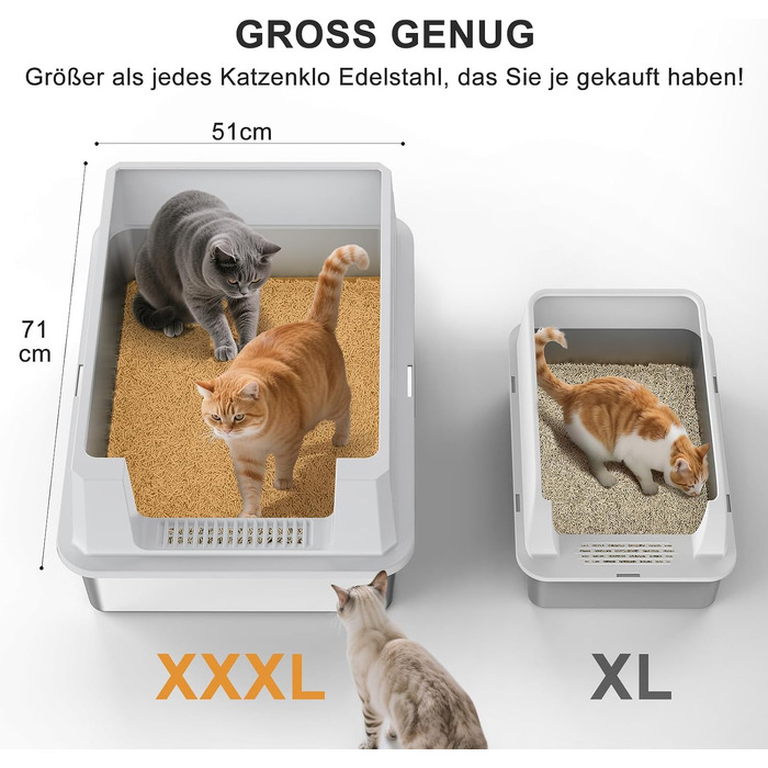 Лоток для котів з нержавіючої сталі MIXJOY XXXL (71x51x30 см), відкритий туалет з високими бортами для великих порід та кількох котів, сріблястий