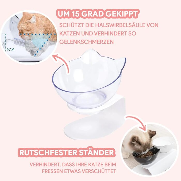 Миска для котів Katzenliebe PurrBowl з піднятою платформою та кутом нахилу 15° - запобігає блювоті. Прозора біла миска-подвійний набір з підставкою.