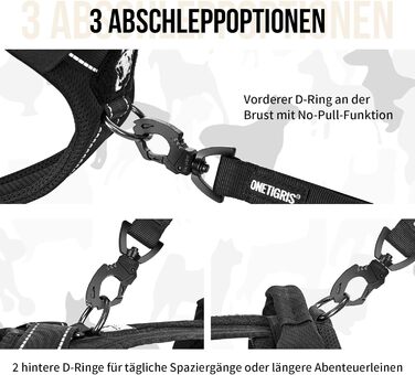 Шлейка для собак OneTigris Diesel, тактична, чорна, розмір L, м'яка підкладка, з ручкою та 3 D-кільцями, для середніх та великих собак