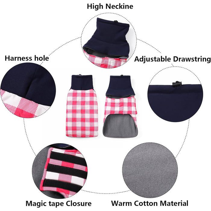 Зимовий нашийник для собак Dachshund від Geyecete, водонепроникний, з отвором для повідка, теплий, для маленьких собак, рожевий в клітинку (XS)