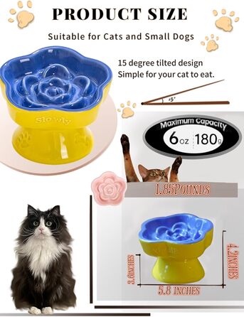 Миска для повільного годування домашніх тварин, керамічна, піднята та нахилена, для котів та маленьких собак, запобігає блювоті та удушенню (Рожева, Блакитна)