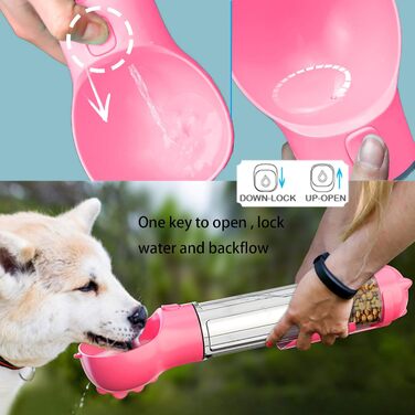 Водяна пляшка для собак SukaJia 4-в-1 з мискою, свистком та щіткою (500 мл, Рожевий)