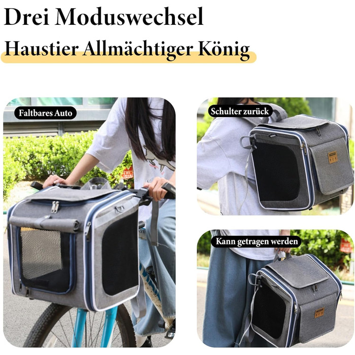 Кошик для собак на велосипед, розкладний, сірий. Кошик для тварин до 10 кг з 4 дверцятами та сітковими вікнами.