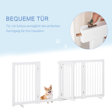 PawHut Barrier Dog 4 частини, 220 x 91 см складні ворота з дверима, окремо стоячі ворота для собак з 2 опорними ніжками, дерев'яні сходові ворота для передпокою, кухні, сходів, білі | Аосом