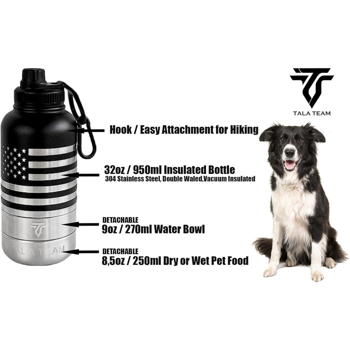 Ізольована пляшка для води для собак TALA TEAM - туристична пляшка з мисками для собак, чорна