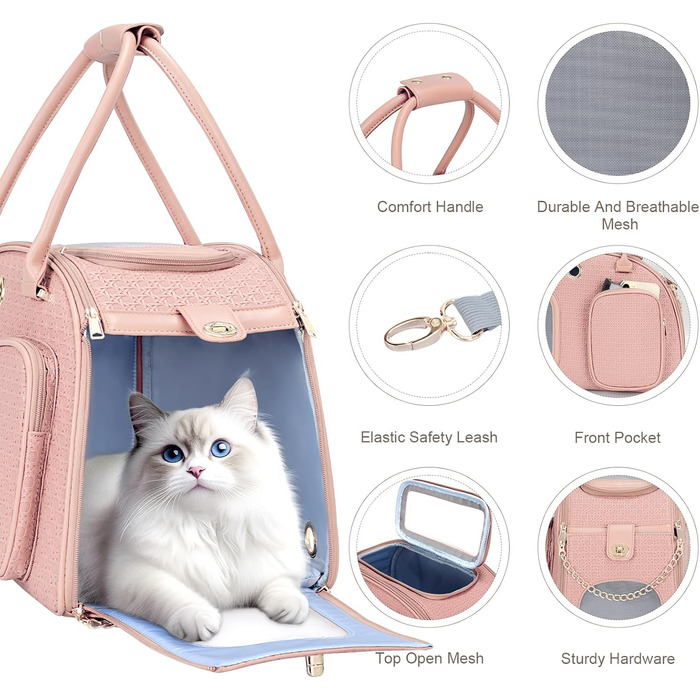Стильна сумка-переноска для собак преміум-класу, вентильована переноска для тварин, м'які стінки, для цуценят та маленьких собак, з кишенею, рожева, 42.9 x 22.9 x 30 см
