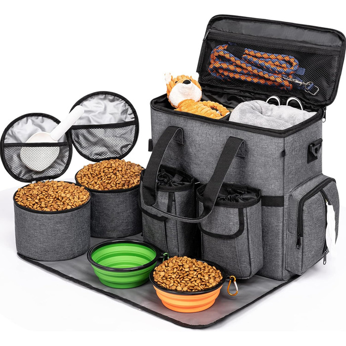 Сумка-переноска для собак Modoker, схвалена авіакомпаніями, органайзер для домашніх тварин з плечовим ременем, 2 контейнери для корму для собак, 2 складні миски для собак, темно-сірий