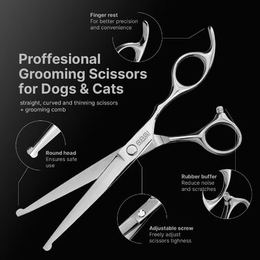 Набір професійних ножиць для собак RAGI: витончені ножиці, ножиці для стрижки лап, етикетка, серветка, ключ для регулювання. Нержавіюча сталь, срібло