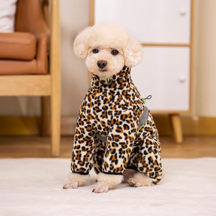 Зимовий теплий костюм для собак, флісова куртка з регульованими лапами та D-подібним кільцем, для маленьких собак, колір Батик Блакитний, розмір S (X-Small, леопард)