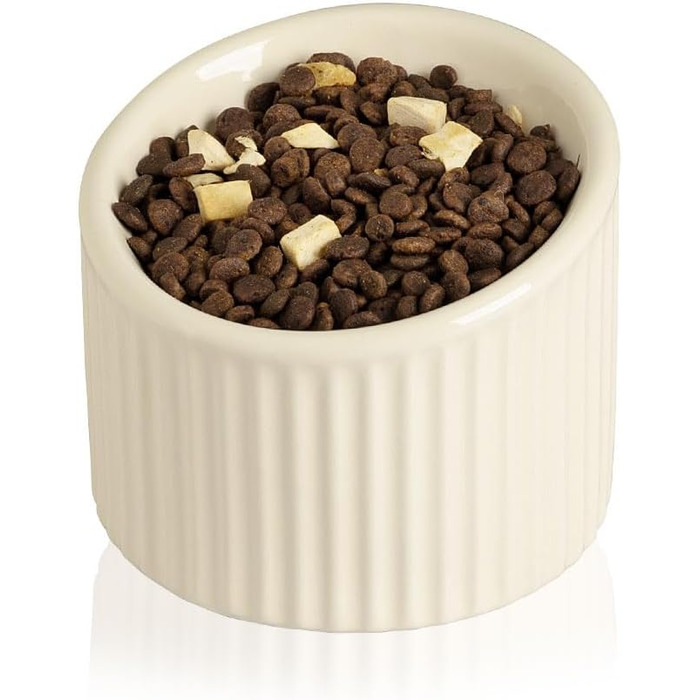 Підвищена годівниця для котів Sweejar з кераміки, нахилена, 350 мл, бежева. Захист хребта, запобігання згортанню та нудоті. Без стресу.