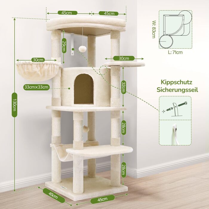 Котячий будиночок Globlazer з подряпуванням, великий, бежевий, 130 см. Стабільний кутовий котячий комплекс з будиночком, платформою, гамаком та м'яким кошиком для кількох котів.