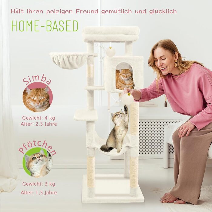 Дерев'яна кігтеточка для котів LEEJARD XXL, 148 см, з платформами, будиночком, гамаком, іграшками та захистом від перекидання, бежева