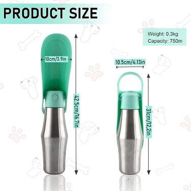 Водяна пляшка для собак Taozoey 750 мл, подорожі, вигул, кемпінг, зелена