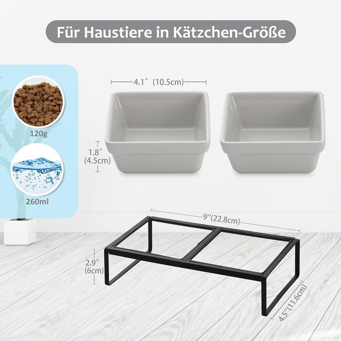 Підвищена годівниця для котів та собак сірого кольору, з підставкою, з подвійної кераміки, 2 x 280 мл