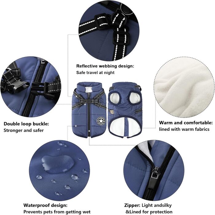 Тепла зимова куртка для собак Aiboria, XL, блакитна: вітро- та водонепроникна, 2-в-1, жилет-упряж для цуценят