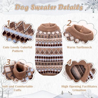 Теплий пуловер для собак - Boho стиль, різдвяний, з отвором для повідка, для чихуахуа, йоркширського тер'єра, джек-рассела, XS, колір кава