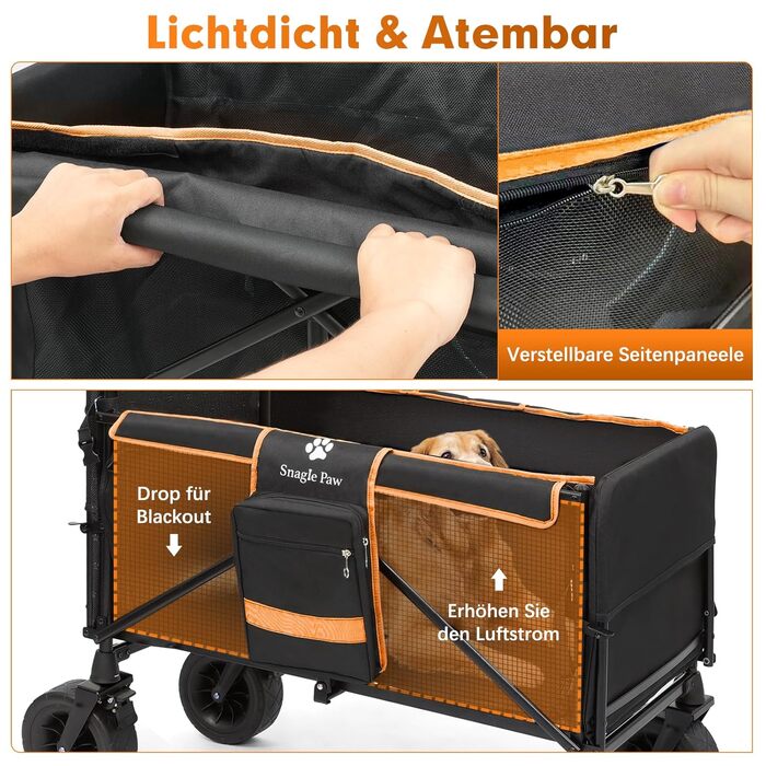 Візок для собак Snagle Paw з заднім люком та рампою, великий, складний, для великих та середніх собак, з регульованою ручкою та стоянковим гальмом, 4 колеса для прогулянок, джоггінгу, подорожей, до 90 кг, чорний/помаранчевий