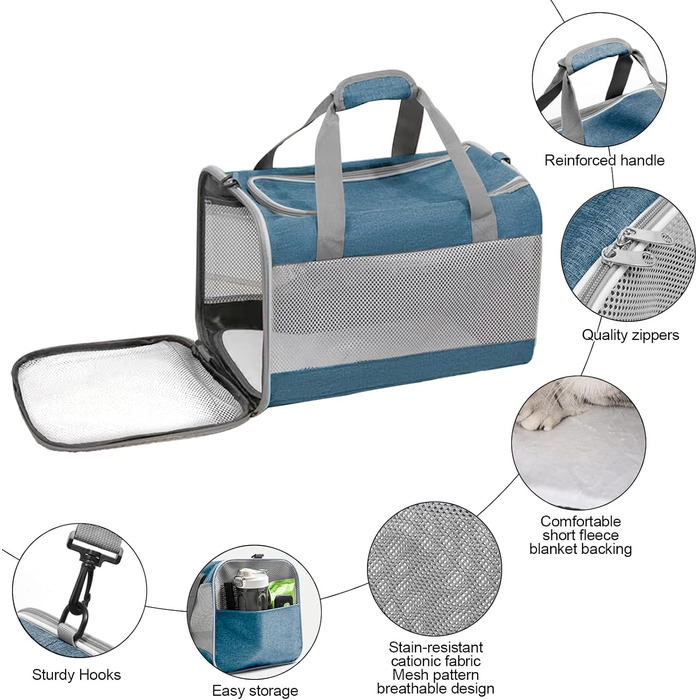 Транспортна переноска для кота KunpengZen, переноска для собаки, складана, з регульованим плечовим ременем, знімним плюшевим матрацом, для котів до 7.5 кг, для подорожей, авто, до ветеринара, блакитна