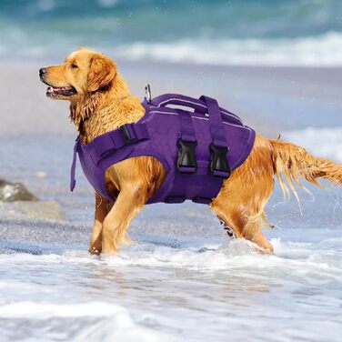 Світшот для собак Kuoser: рятувальний жилет для малих, середніх та великих собак, регульований, з Ripstop, з ручкою для рятування, висока плавучість, для цуценят, пляжний купальник (XL, фіолетовий)
