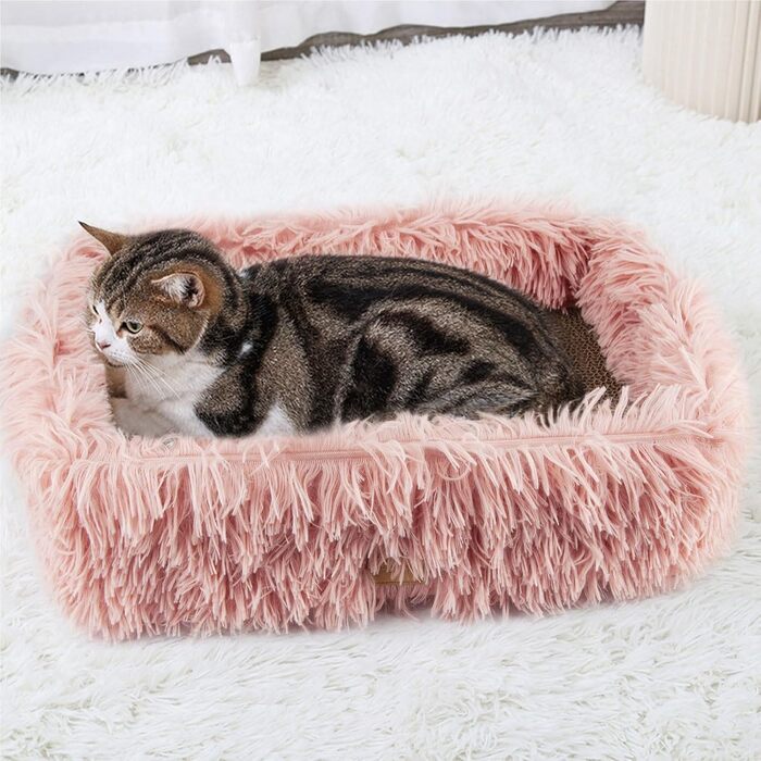 Котячий когтеточка з картону з коробкою, міцна велика ліжко для котів, м'яка когтеточка з гофрокартону, знімна, двостороння, захист меблів (44×34×14см), рожевий колір