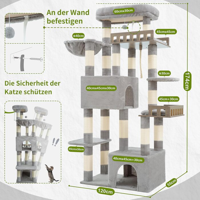 Котячий будиночок Kratzbaum: великий, з гамаком, 2 печери, 15 стовпчиків для дряпання (174см, світло-сірий)