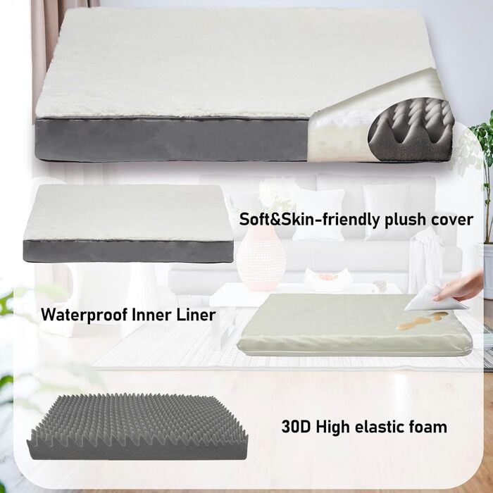 Ортопедичне ліжко для собак Vertupet з Memory Foam, 75x50x8 см, знімний чохол та м'яке подушечка, для великих собак, сіре та біле