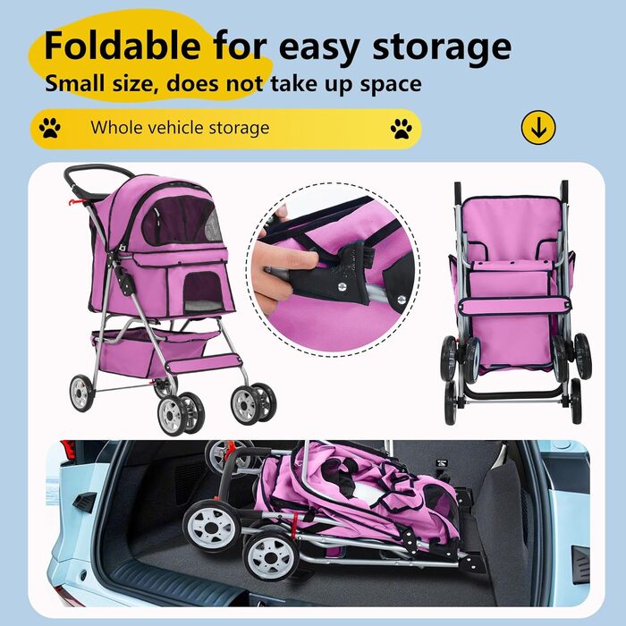 Візок для собак FDW, складаний, для котів та собак, з обертовими колесами на 360°, з кошиком для зберігання, подушкою та сітковими віконцями, утримувачем для напоїв, до 15 кг, рожевий
