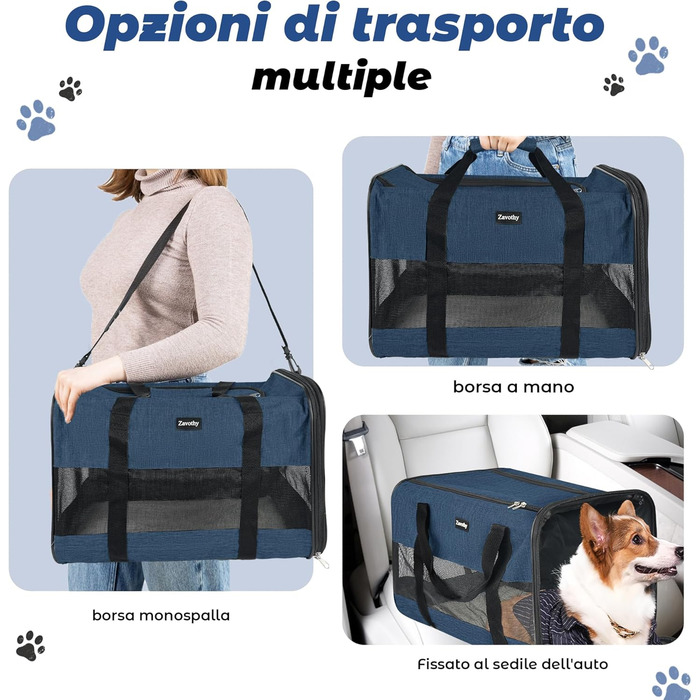 Транспортна сумка для котів та собак, дихаюча та складна, транспортна переноска для котів з регульованим плечовим ременем, знімна плюшева підстилка (Темно-синій, L)
