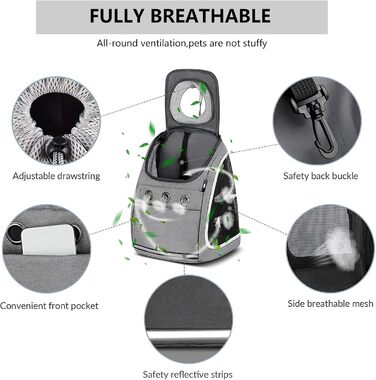 PETCUTE Рюкзак для собак та котів - переноска для маленьких тварин, сірий, для подорожей, кемпінгу та прогулянок