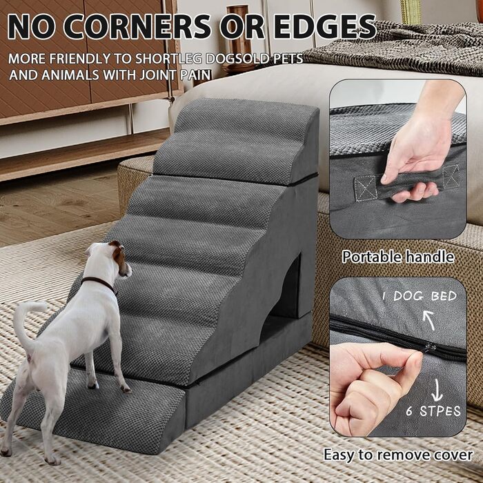 Сходинка для собак, 76,2 см, 6 сходинок, для маленьких та великих собак, антиковзаючі, для ліжка/дивану, темно-сірий