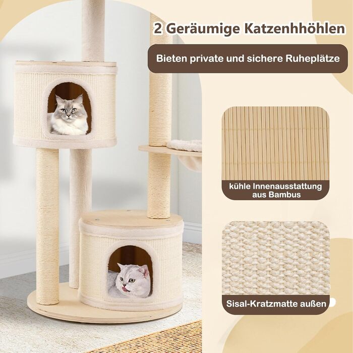 Дерев'яний кігтеточки Costway 143 см: кігтеточки з товстою колоною, сизаль, платформа, сизалеве покриття, іграшковий м'ячик та сходинка. Активний комплекс для котів, 143 см.