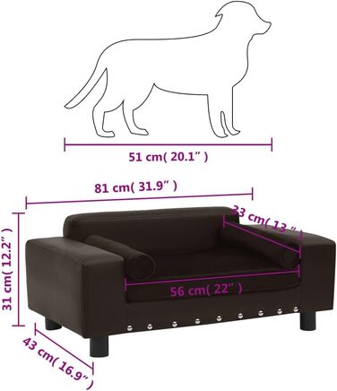Ліжко-софа для собак vidaXL, 81x43x31 см, плюш та штучна шкіра, коричневий колір