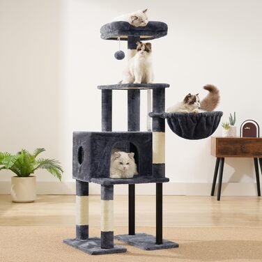 Котячий будиночок Heybly Kratzbaum HCT200SW: зручний когтетоп з будиночком, стійка конструкція, 125 см (димно-сірий)