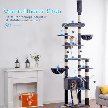 Котячий будиночок Hey-brother Kratzbaum: регульований котячий комплекс 250-280 см, до стелі, для великих котів, з гніздом, сірий (0MPJ091W)