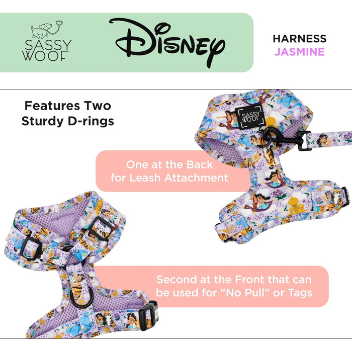 Регульована шлейка для собак Sassy Woof Disney Принцеса Жасмін, L, дихаюча сітка, не тягне, 2 D-кільця, для великих собак, офіційна ліцензія