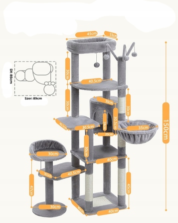 Багатоярусний когтеточка-комплекс для котів 150 см, стійкий, з ліжком — сірий