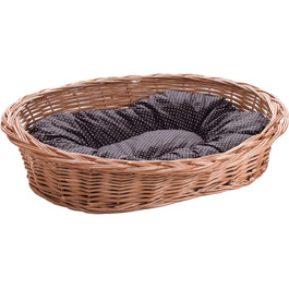 Плетене ліжко для собак та котів Wiklinowy Świat - ліжко з ротангу для домашніх тварин, 66x47x15 см, з коричневим подушкою в крапку