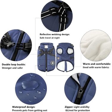 Тепла зимова куртка для собак Aiboria, XL, блакитна: вітро- та водонепроникна, 2-в-1, жилет-упряж для цуценят