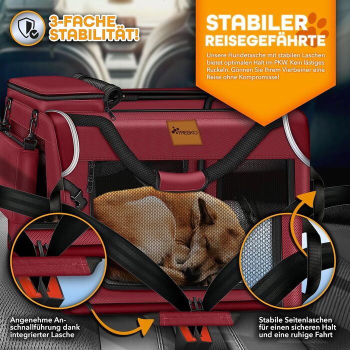 Трейвел-бокс для собак та котів TRESKO® S 50x34x34cm | Розкладний, з підкладкою, лопаткою та світловідбивачами | Для маленьких та великих собак | Червоний