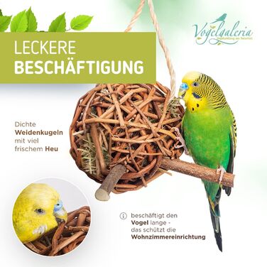 Набір 2 плетених куль з лози з сіном 10 см Vogelgaleria для папуг — іграшка для клітки, ручна робота, аксесуар для гризіння та лазіння