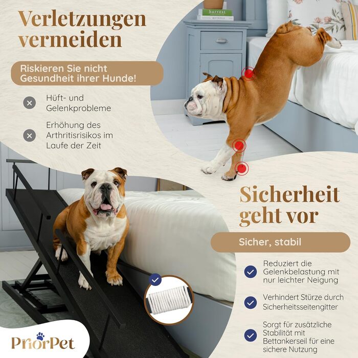 Сходинки для собак PRIORPET з берези з поручнями - регульована висота до 94.5 см - складаються - антиковзні ручки - для малих собак до 23 кг - коричневі (чорні)