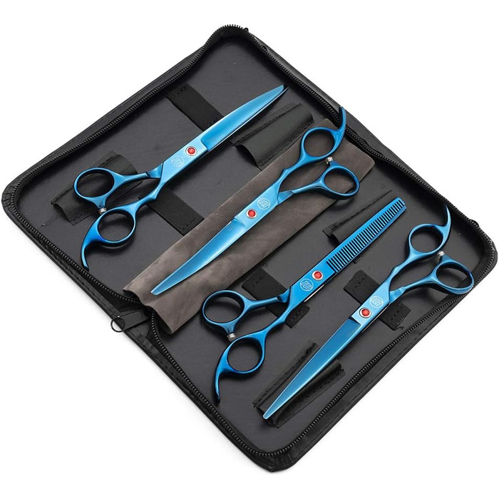 Професійний набір для стрижки собак Moontay: 4 ножиці (пряма, вигнута вгору, вигнута вниз, фінішна) з JP нержавіючої сталі, 17.8 см (7 дюймів), блакитний