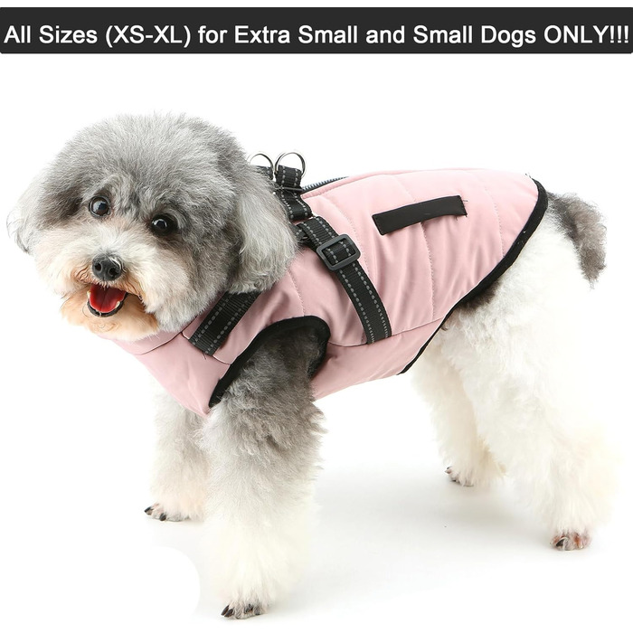 Зунеа Тепла куртка для собак маленьких порід, для цуценят з повідком, світловідбиваюча, регульована, на блискавці, рожева, XS/S