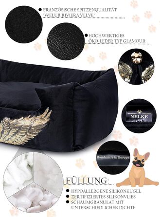 NELKE Розкішне ліжко для собак Glamour-стиль. Чорне ліжко-софа з золотими крилами для маленьких та середніх собак. Знімний, washable (можливість прання)