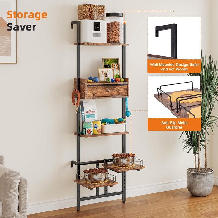 Підвищена годівниця для собак LitaiL з місцем для зберігання та двома антиковзними килимками, для великих собак, регульована висота, кріплення на стіну, колір вінтажний коричневий